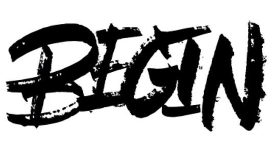 tools + movement the word 'begin' hand-drawn in thick scratchy gestural black ink
